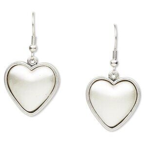 White Satin Heart Faux Pearl Modernist Silver Plated Earrings